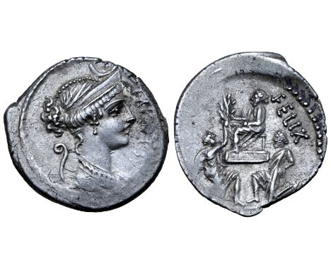 Faustus Cornelius Sulla AR Denarius. Rome, 56 BC. Draped bust of Diana right, wearing diadem with crescent; lituus behind, FA