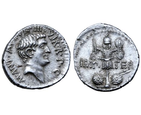 Marc Antony AR Denarius. Mint moving with Antony, 37 BC. M•ANT•AVGVR•III•VIR•R•P•C, bare head right / IMP-TER, trophy with cu