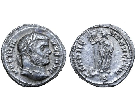 Maximian AR Argenteus. Carthage, AD 296-298. MAXIMIANVS AVG, laureate head right / FE ADVENT AVGG NN, Africa standing facing 