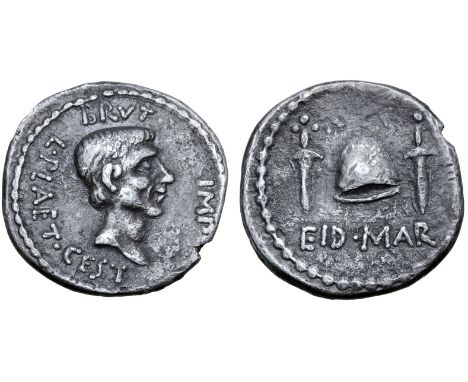 Q. Servilius Caepio (M. Junius) Brutus Imitative AR Denarius. Uncertain mint, after summer 42 BC (possibly AD 68/9, or later)