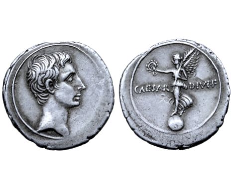 Octavian AR Denarius. Italian mint (Rome?), autumn 31 - summer 30 BC. Bare head right / Victory standing left on globe, holdi