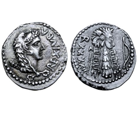 Kingdom of Mauretania, Juba II AR Denarius. Caesarea, dated year 42 = 17/18 AD. REX IVBA, head of Juba II in the guise of Her