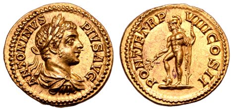 Caracalla AV Aureus. Rome, AD 205. ANTONINVS PIVS AVG, laureate, draped and cuirassed bust right / PONTIF TR P VIII COS II, M