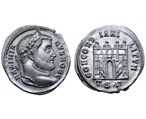 Galerius, as Caesar, AR Argenteus. Thessalonica, AD 302. MAXIMIANVS NOB C, laureate head right / CONCORDIA MILITVM, four-turr