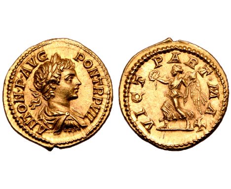 Caracalla AV Aureus. Rome, AD 204. ANTON P AVG PON TR P VII, laureate, draped and cuirassed bust right / VICT PART MAX, Victo