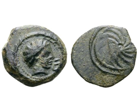 Etruria, Populonia Æ 2.5 Units. Late 4th - 3rd century BC. Head right, wearing Phrygian helmet; VII in front / Incuse spiral,