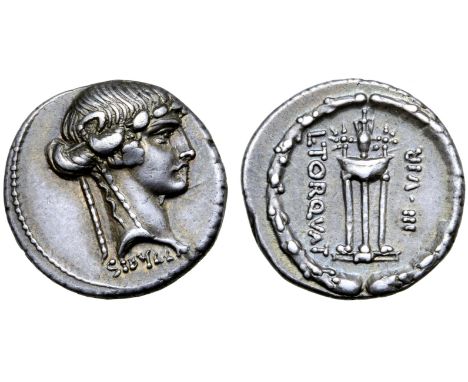 L. Manlius Torquatus AR Denarius. Rome, 65 BC. Ivy-wreathed head of Sybil right; SIBYLLA below neck truncation / Tripod, on w