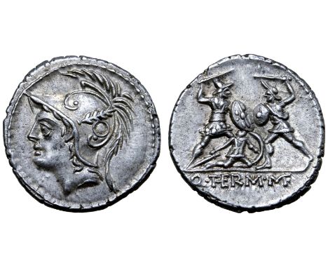 Q. Minucius Thermus M.f. AR Denarius. Rome, 103 BC. Helmeted head of Mars left / Two warriors in combat, one on left protecti
