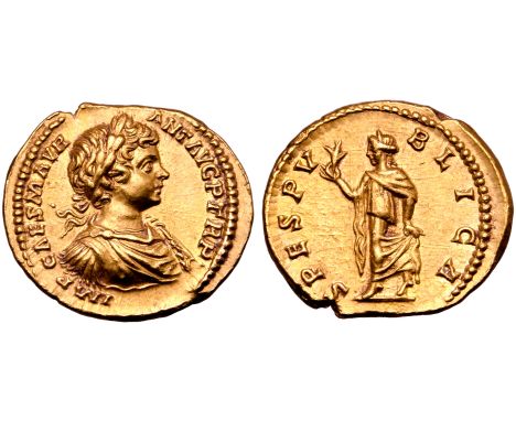 Caracalla AV Aureus. Rome, AD 198. IMP CAES M AVR ANT AVG P TR P, laureate, draped and cuirassed bust right / SPES PVBLICA, S