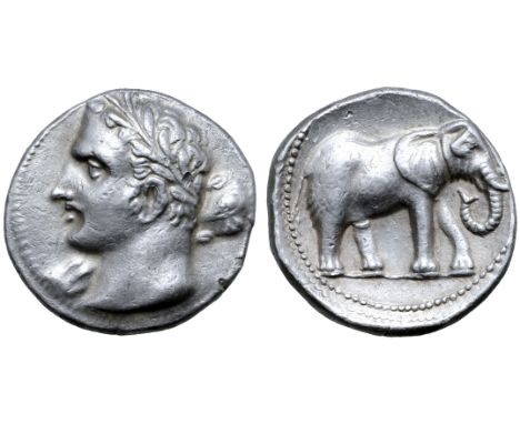 North Africa, Carthage AR 1½ Shekel. Akra Leuka, circa 229/228 BC. Laureate head left (Melqart or Hasdrubal), with club over 