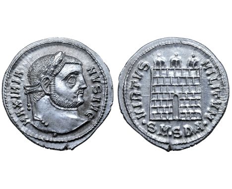 Galerius AR Argenteus. Serdica, AD 305-306. MAXIMIANVS AVG, laureate head right / VIRTVS MILITVM, three-turreted camp-gate, •
