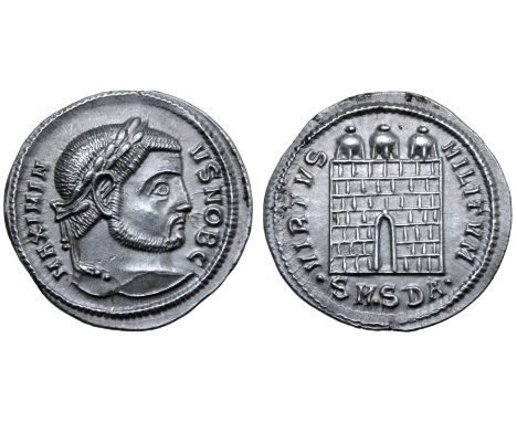 Maximinus II, as Caesar, AR Argenteus. Serdica, AD 305-307. MAXIMINVS NOB C, laureate head right / VIRTVS MILITVM, three-turr