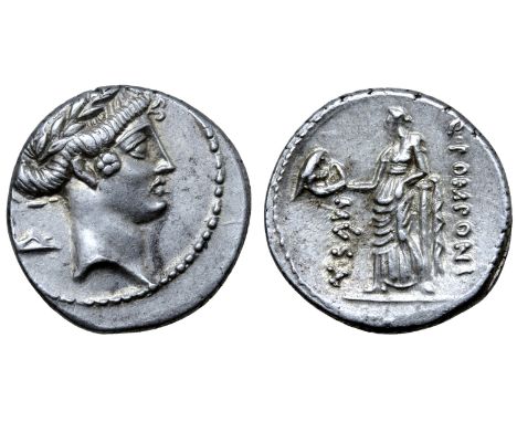 Q. Pomponius Musa AR Denarius. Rome, 66 BC. Laureate head of Apollo right; sandal behind / Thalia, the Muse of Comedy and Idy