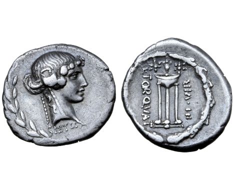 L. Manlius Torquatus AR Denarius. Rome, 65 BC. Ivy-wreathed head of Sybil right; SIBYLLA below neck truncation; all within la