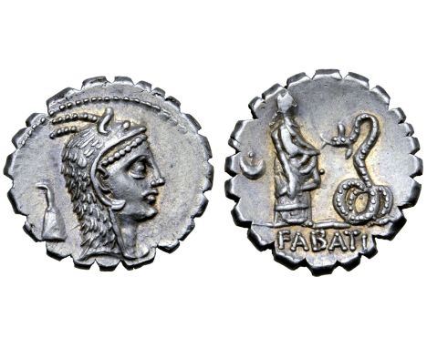 L. Roscius Fabatus AR Serrate Denarius. Rome, 64 BC. Head of Juno Sospita right, wearing goat-skin headdress; control mark be