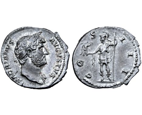 Hadrian AR Denarius. Rome, AD 125-128. HADRIANVS AVGVSTVS, laureate head right, slight drapery on left shoulder / COS III, Ro