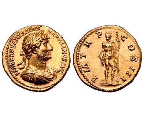 Hadrian AV Aureus. Rome, AD 119-125. IMP CAESAR TRAIAN HADRIANVS AVG, laureate, draped, and cuirassed bust right / P M TR P C