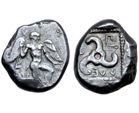 Dynasts of Lycia, Kuprilli AR Stater. Telmessos, circa 480-440 BC. Winged male figure, nude, with winged heels, in kneeling s