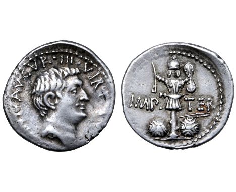 Marc Antony AR Denarius. Mint moving with Antony, 37 BC. M•ANT•AVGVR•III•VIR•R•P•C, bare head right / IMP-TER, trophy with cu