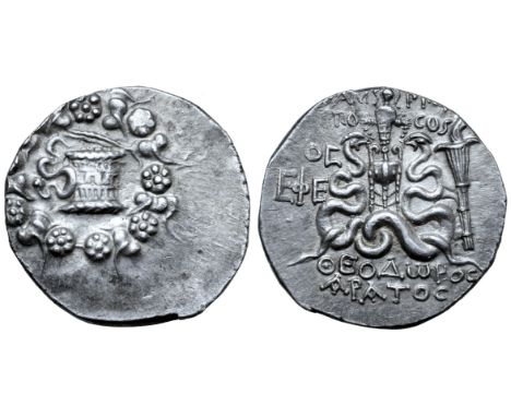 T. Ampius T. f. Balbus AR Cistophoric Tetradrachm. Theodoros and Aratos, magistrates. Ephesus, 58-57 BC. Serpent emerging fro