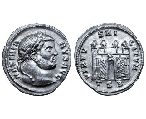 Maximianus AR Argenteus. Thessalonica, AD 302. MAXIMIANVS AVG, laureate head right / VIRTVS MILITVM, four-turreted camp gate 