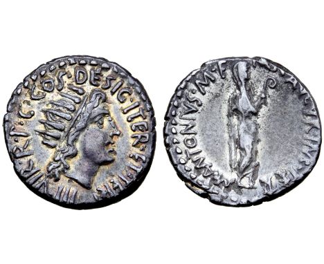 Marc Antony AR Denarius. Athens, 38-37 BC. III•VIR•R•P•C•COS•DESIG•ITER•ET•TERT, radiate bust of Sol right / M•ANTONIVS•M•F•M