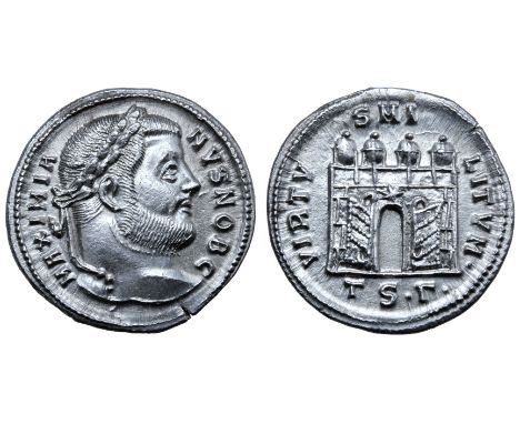 Galerius, as Caesar, AR Argenteus. Thessalonica, AD 302. MAXIMIANVS NOB C, laureate head right / VIRTVS MILITVM, four-turrete