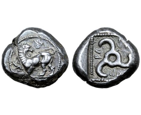 Dynasts of Lycia, Kuprilli AR Stater. Telmessos, circa 480-440 BC. Lion standing left, head turned / Tetraskeles, [K]O?P??[E]