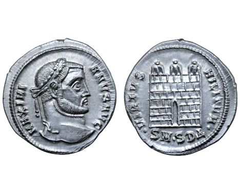 Galerius AR Argenteus. Serdica, AD 305-306. MAXIMIANVS AVG, laureate head right / VIRTVS MILITVM, three-turreted camp-gate, •