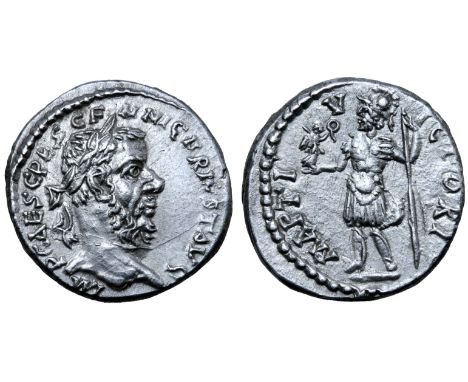 Pescennius Niger AR Denarius. 'Antioch', AD 193-194. IM P CAES C PESCFN NIGER IVST AVG, laureate head right / MAPTI VICTORI, 