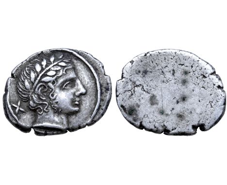 Etruria, Populonia AR 10 Asses. Circa 300-250 BC. Laureate male head right, with sideburn; + behind / Blank. EC I, 74, 1-2 (O
