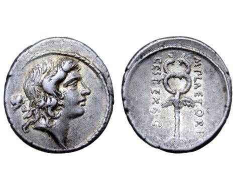 M. Plaetorius M. f. Cestianus AR Denarius. Rome, 69 BC. Male head right, with flowing hair; control mark behind / Winged cadu