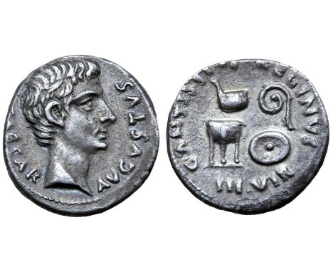 Augustus AR Denarius. Rome, 13 BC. CAESAR AVGVSTVS, bare head right / C•ANTISTIVS • REGINVS, simpulum and lituus above tripod