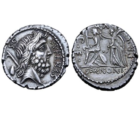 M. Nonius Sufenas AR Denarius. Rome, 59 BC. Bearded head of Saturn right; harpa and baetyl behind, SVFENAS downwards before /