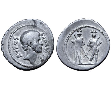 L. Servius Rufus AR Denarius. Rome, 43 BC. Bare head of Brutus right; L•SERVIVS RVFVS around / The Dioscuri standing facing, 
