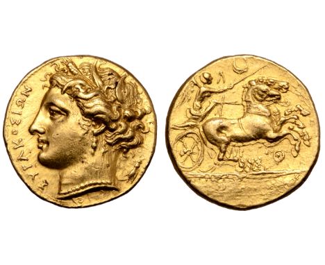 Sicily, Syracuse AV Dekadrachm. Thoinon or Sosistratos, 278 BC. Head of Persephone to left, wearing wreath of grain leaves, p