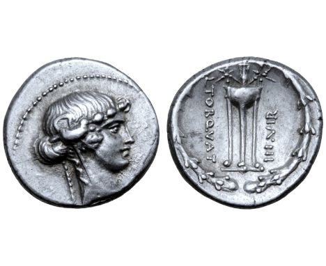 L. Manlius Torquatus AR Denarius. Rome, 65 BC. Ivy-wreathed head of Sybil right; [SIBYLLA below neck truncation] / Tripod, on