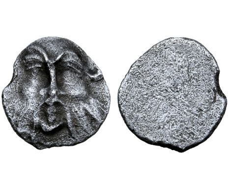 Etruria, Populonia AR Diobol (?). Late 4th - 3rd century BC. Head of Silenus facing / Blank. Cf. EC I, 123. 1-3; HN Italy 232