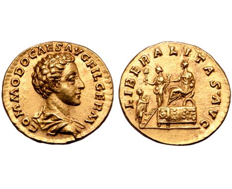 Commodus, as Caesar, AV Aureus. Rome, AD 175. COMMODO CAES AVG FIL GERM, bare-headed and draped bust right / LIBERALITAS • AV