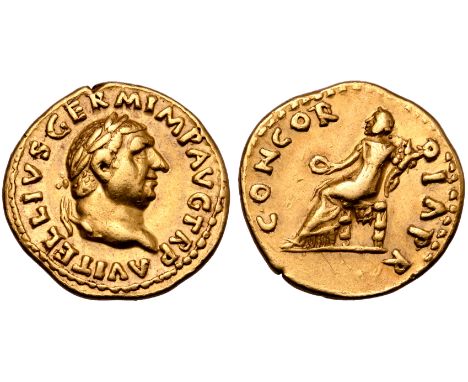 Vitellius AV Aureus. January - December AD 69. A VITELLIVS GERMAN IMP TR P, laureate head right / CONCORDIA P R, Concordia se