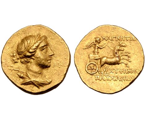 Ionia, Magnesia ad Maeandrum AV Stater. Circa 155-140 BC. Euphemos, son of Pausanias, magistrate. Draped bust of Artemis to r