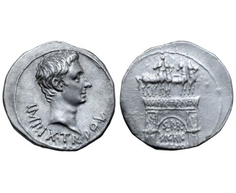 Augustus AR Cistophoric Tetradrachm of Pergamum, Mysia. Circa 19-18 BC. IMP•IX•TR•PO•V•, bare head right / Triumphal Arch of 
