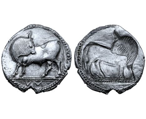 Lucania, Sybaris AR Stater. Circa 530-510 BC. Bull standing left, head right; VM in exergue / Incuse bull standing right, hea