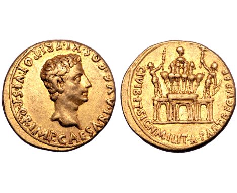 Augustus AV Aureus. Spanish mint (Colonia Patricia?), 18-17 BC. S•P•Q•R•IMP•CAESARI•AVG•COS•X•TR•POT•VI, bare head of Augustu