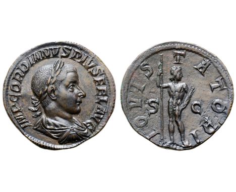 Gordian III Æ Sestertius. Rome, AD 241-243. IMP GORDIANVS PIVS FEL AVG, laureate, draped and cuirassed bust right / IOVI STAT