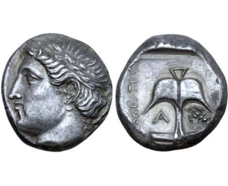 Thrace, Apollonia Pontika AR Tetradrachm. Mid 4th century BC. Sokrates(?), magistrate. Laureate head of Apollo left / ???OKPA