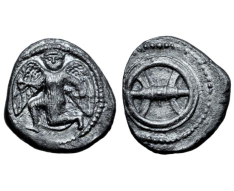 Etruria, Vulci AR Didrachm. 5th - 4th century BC. Winged Metus running to left, head facing, holding serpent in each hand / C
