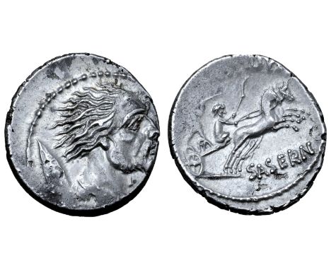 L. Hostilius Saserna AR Denarius. Rome, 48 BC. Head of Gallic captive right; Gallic shield behind / Two warriors in galloping