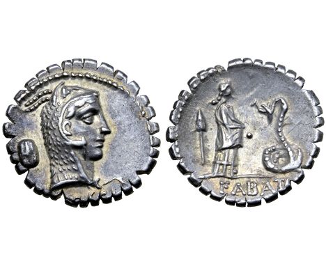 L. Roscius Fabatus AR Serrate Denarius. Rome, 64 BC. Head of Juno Sospita right, wearing goat-skin headdress; shield behind, 