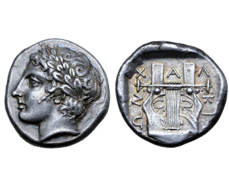 Macedon, Chalkidian League AR Tetradrachm. Olynthos, circa 382-379 BC. Laureate head of Apollo left / Kithara of seven string